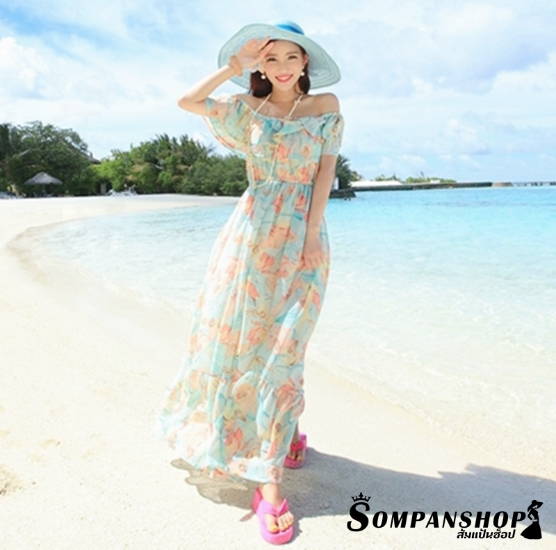 ชุดเดรสเที่ยวทะเลลายดอกไม้สีเขียว เปิดไหล่แต่งระบาย เอวยืด กระโปรงยางทรงบาน
