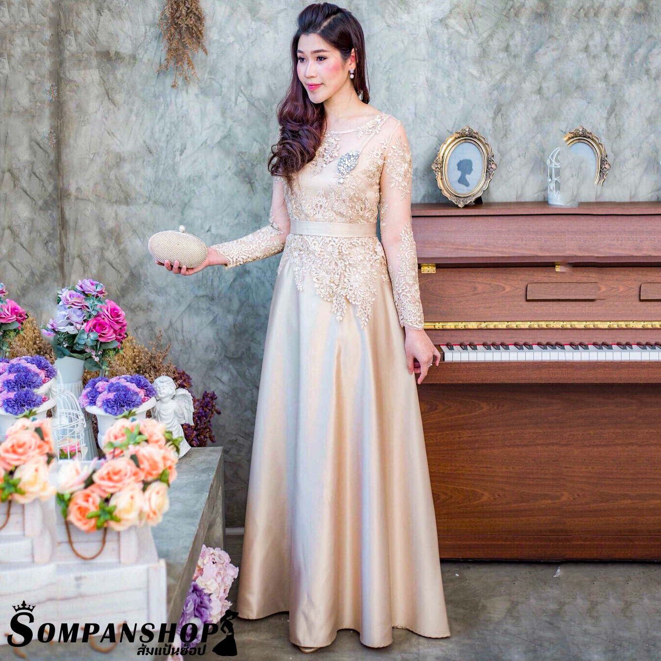 ชุดออกงานราตรียาวสีทอง ปักลูกไม้ แขนยาว กระโปรงยาวผ้าไหมอิตาลี เรียบหรูดูแพง ชุดไปงานแต่งผู้ใหญ่