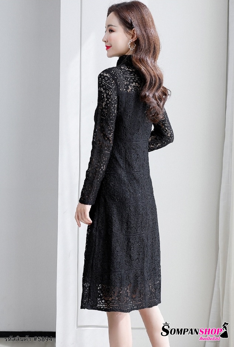 ชุดเดรสสั้นลูกไม้สีดำ คอจีน แขนยาว แนวเรียบหรู สวยดูดี สุภาพ