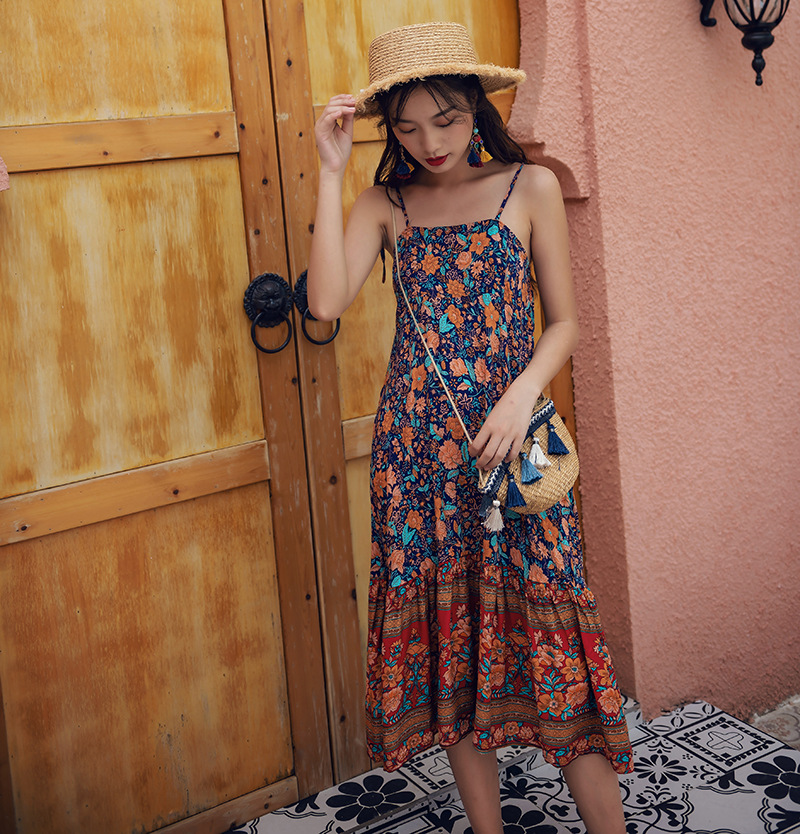 พร้อมส่ง !! ชุดเดรสยาวลายโบฮีเมียนสีน้ำเงินกรมท่า แฟชั่นชุดไปเที่ยวทะเลสวยๆ ใส่เดินเล่นริมทะเล ใส่ถ่ายรูป