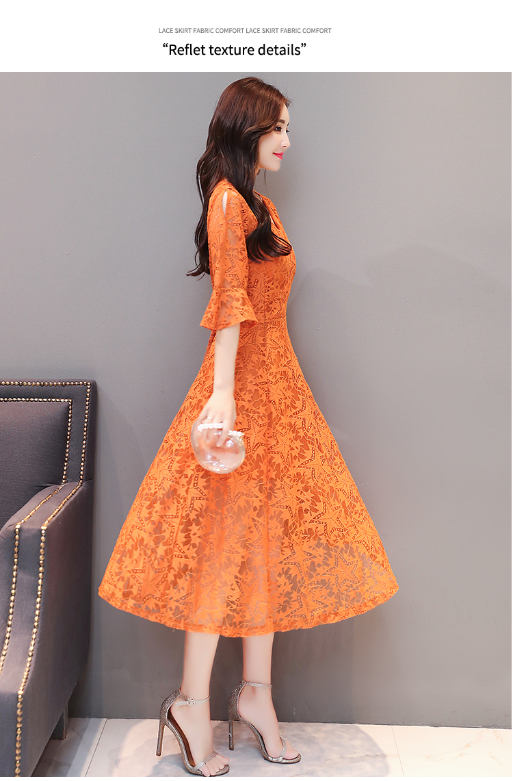 ชุดเดรสสั้นลูกไม้สีส้มอิฐ แขนสามส่วน กระโปรงยาวคลุมเข่า แนวเรียบร้อย สวยหวาน ใส่ทำงาน ใส่ไปงานได้ : M L XL 2XL