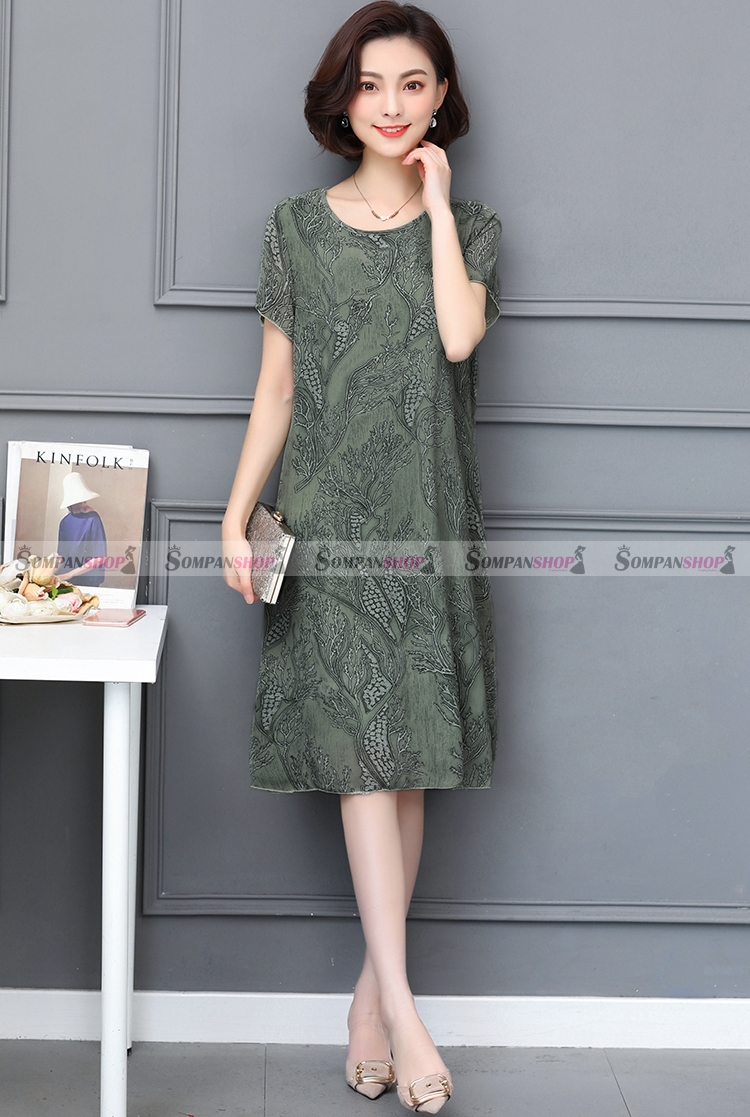 ชุดเดรสสั้นสีเขียว ทรงปล่อย ผ้าชีฟอง ลุคเรียบๆ สวยดูดี สวมใส่ได้หลายโอกาส