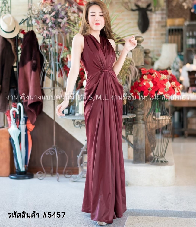 ชุดออกงานราตรีสีแดงไวน์ รวบเอว เรียบหรู ดูแพง ใส่ออกงานราตรี งานแต่งงาน ธีมเพื่อนเจ้าสาวงานกลางคืน