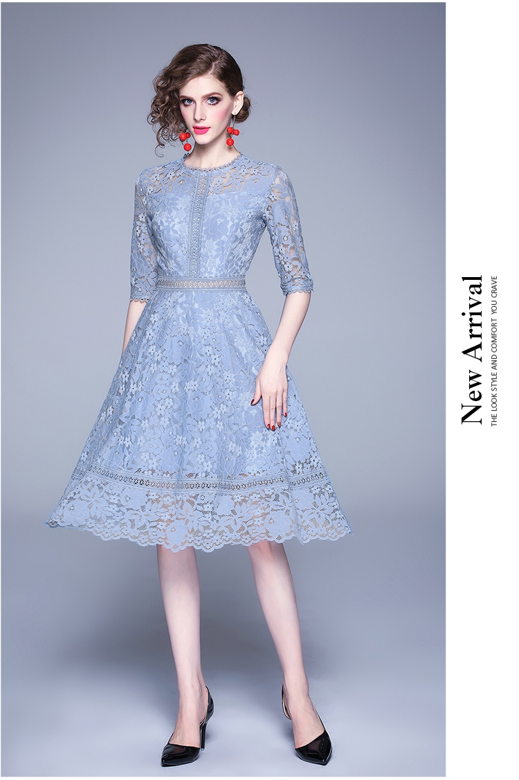 ชุดเดรสสั้นสีฟ้า ผ้าลูกไม้ แขนสามส่วน ไปงานแต่ง ออกงาน สวยหวาน เรียบร้อยดูดี