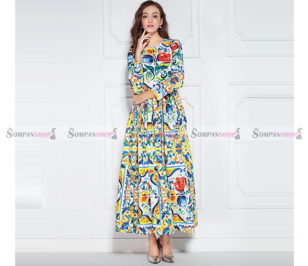 ชุดเดรสยาวพิมพ์ลายสวยเก๋ คอกลม แขนยาว กระโปรงยาวทรงปล่อย
