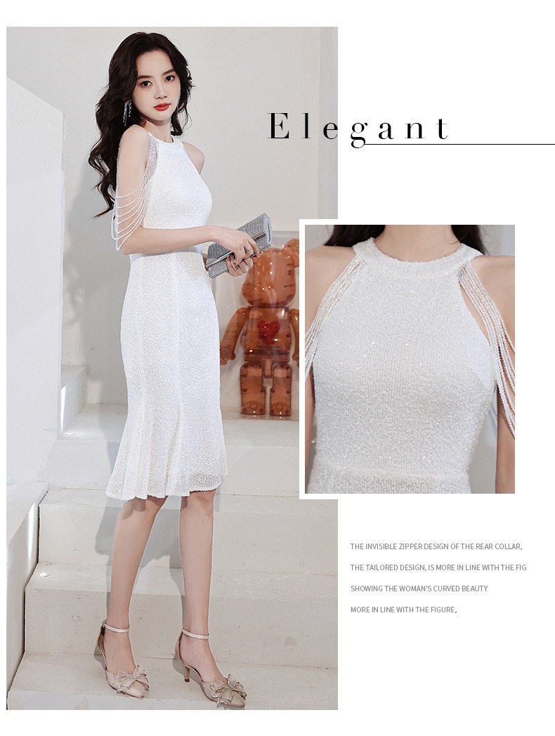 ชุดราตรียาวสีขาว แขนแต่งลูกปัก ผ้าปักเลื่อม แนวเรียบหรูดูแพง สวยดูดี เหมาะสำหรับชุดออกงานต่างๆ ชุดราตรี ชุดไปงานแต่งงาน ชุดงานประกวด งานรับรางวัล