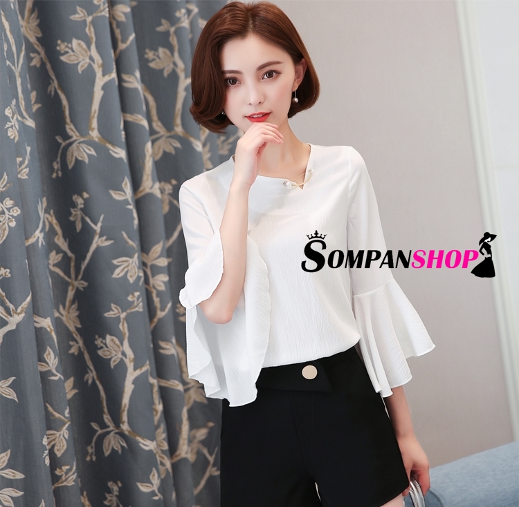 เสื้อเชิ้ตผู้หญิงสีขาว แขนยาวแต่งระบาย ผ้าชีฟอง