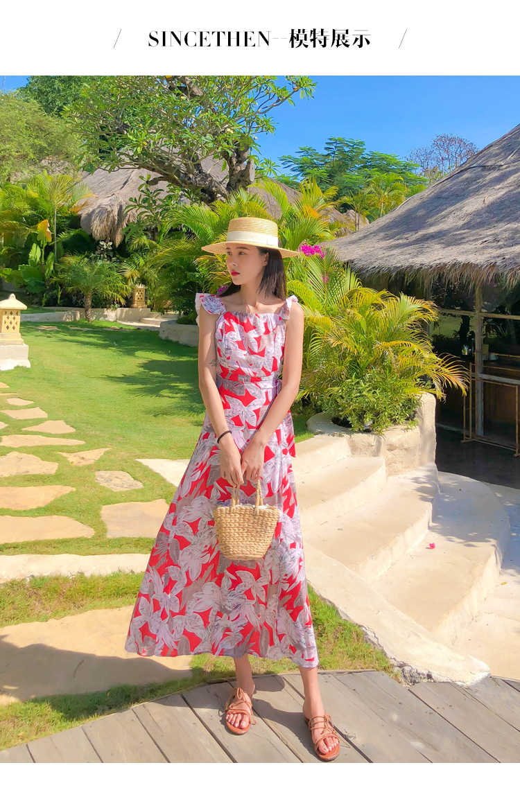 ชุดไปทะเล เดรสเที่ยวทะเล เดรสยาวสีแดงพิมพ์ลายสวยๆ เก๋ๆ