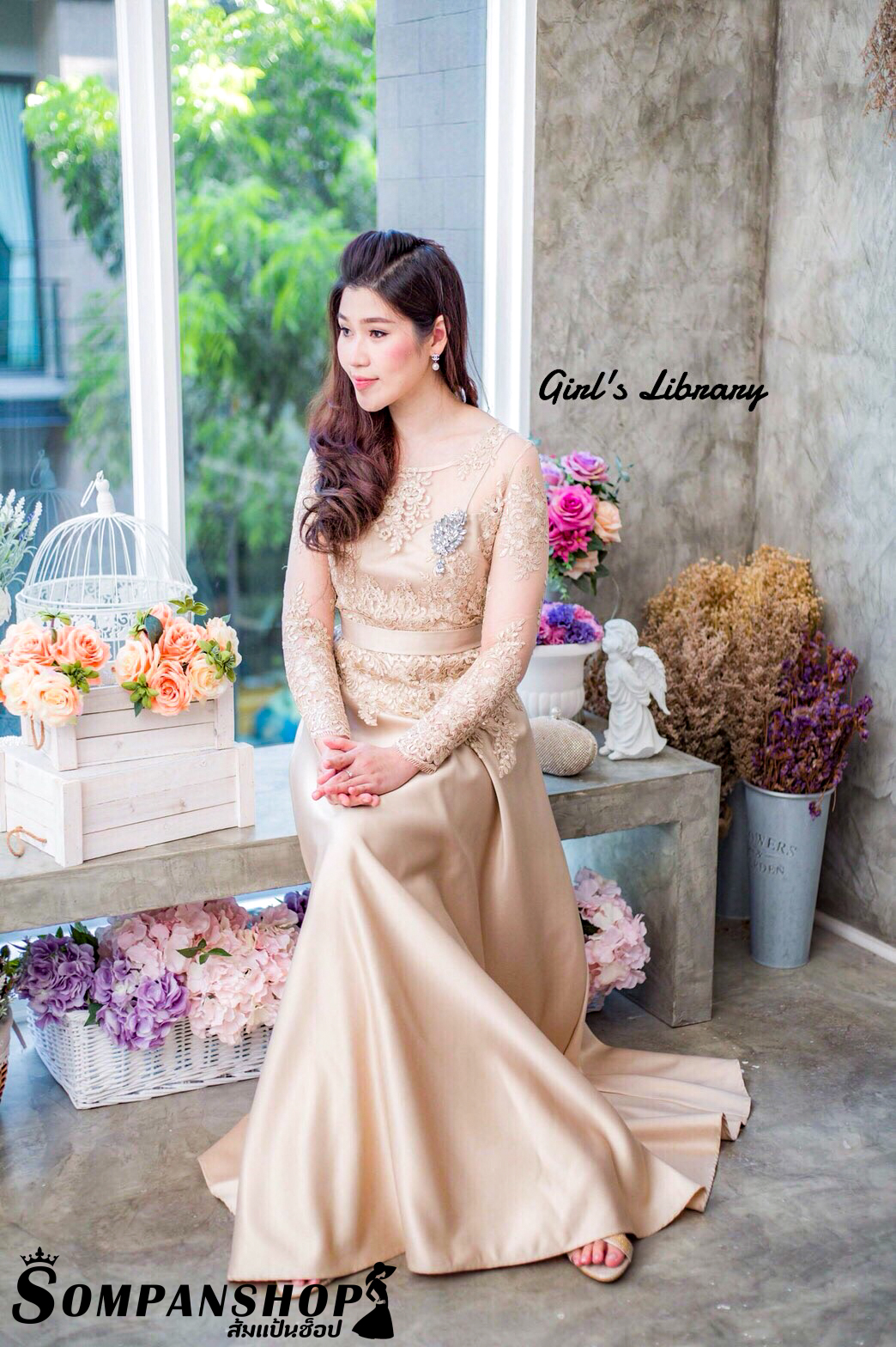 ชุดออกงานราตรียาวสีทอง ปักลูกไม้ แขนยาว กระโปรงยาวผ้าไหมอิตาลี เรียบหรูดูแพง ชุดไปงานแต่งผู้ใหญ่