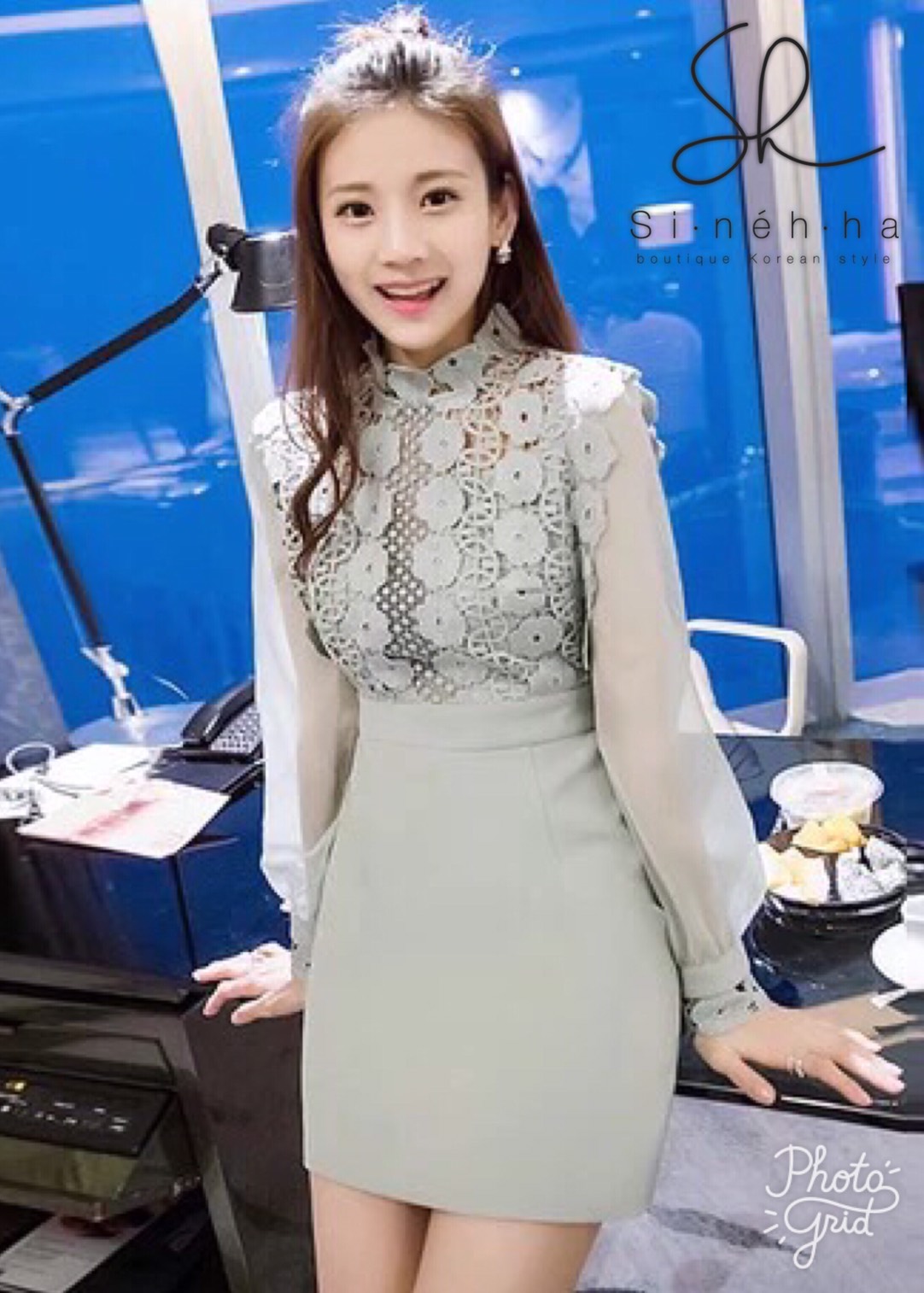 ชุดเดรสออกงานสีฟ้าอมเขียว เข้ารูป แขนยาว แนวสวยหวาน ดูดี ใส่ออกงาน ไปงานแต่งงาน
