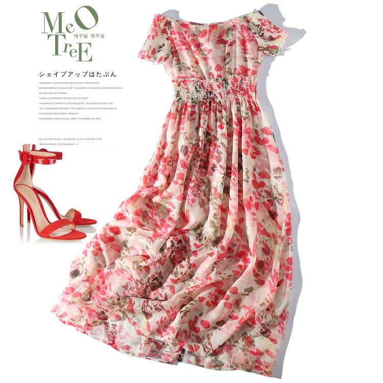 ชุดเดรสเที่ยวทะเลลายดอกไม้สีแดง เปิดไหล่ กระโปรงยาวทรงบาน