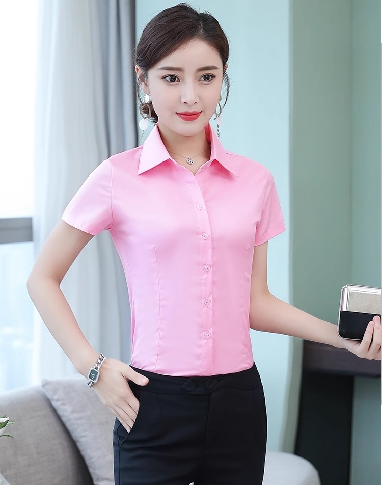 เสื้อเชิ้ตทำงานผู้หญิงสีชมพู แขนสั้นผู้หญิง กระดุมหน้า ผ้าชีฟอง เสื้อเชิ้ตทำงานผู้หญิง