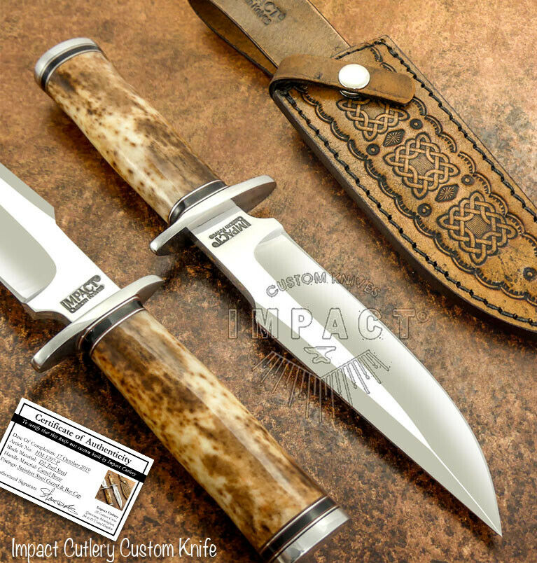 IMPACT CUTLERY RARE CUSTOM D2 MIRROR POLISHED BOWIE KNIFE CAMEL BONE