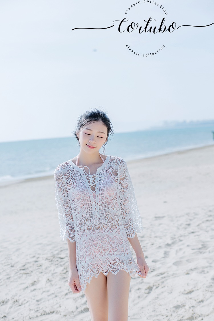 เสื้อลูกไม้สีขาวใส่เที่ยวทะเล ตัวยาวซีทรู