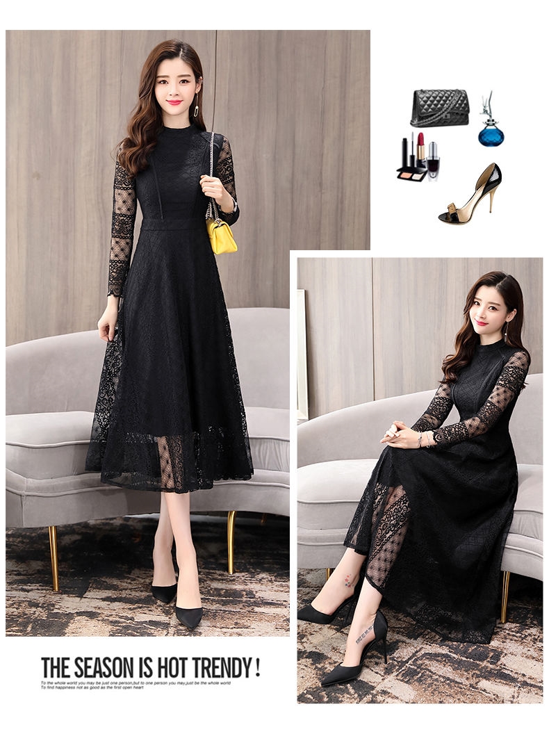 ชุดเดรสลูกไม้สีดำ แขนยาว กระโปรงทรงบานคลุมเข่า แนวเรียบหรู สวยสง่า ใส่ดูดีมากๆ