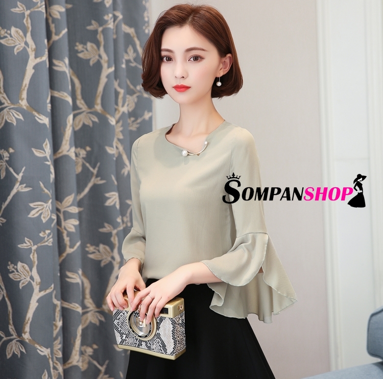 เสื้อเชิ้ตผู้หญิงทำงานสีเขียว แขนยาวแต่งระบาย ผ้าชีฟอง