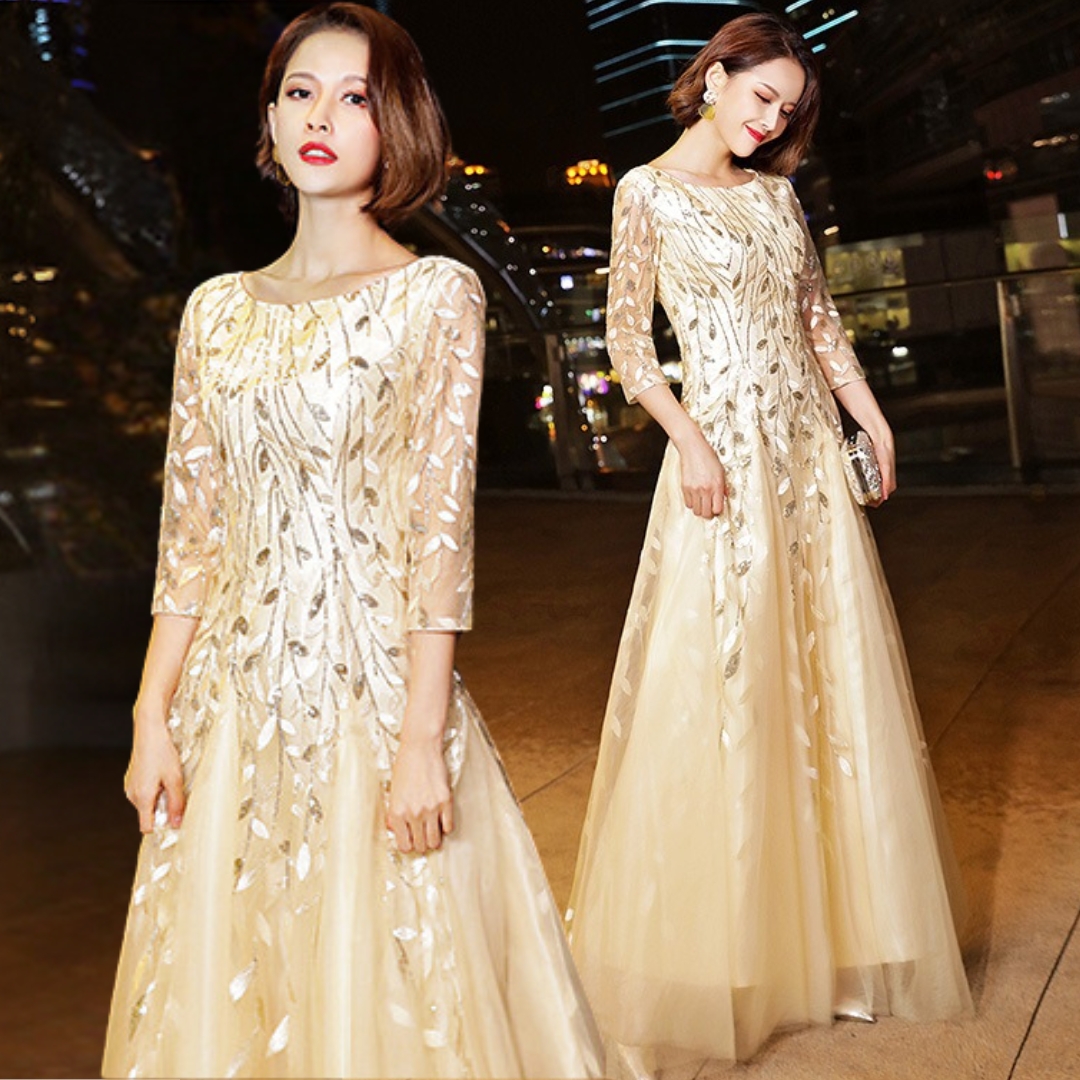 ชุดราตรียาวสีครีมทอง เดรสออกงานปักลายใบไม้แขนสามส่วน กระโปรงทรงหางปลา เรียบหรูดูแพง สวยดูดี แบบสวยทันสมัย ใส่ออกงาน งานราตรี ไปงานแต่ง