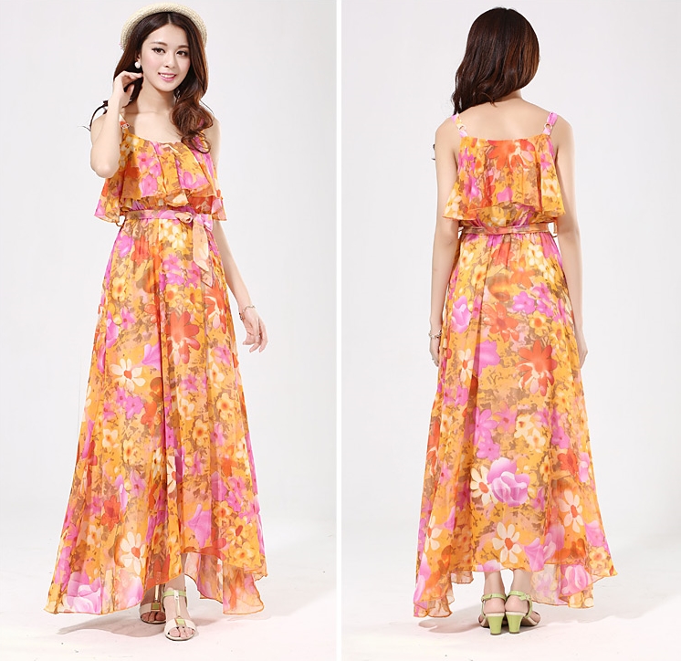 ชุดเดรสเที่ยวทะเล ลายดอกไม้ สายเดี่ยว อกแต่งระบาย