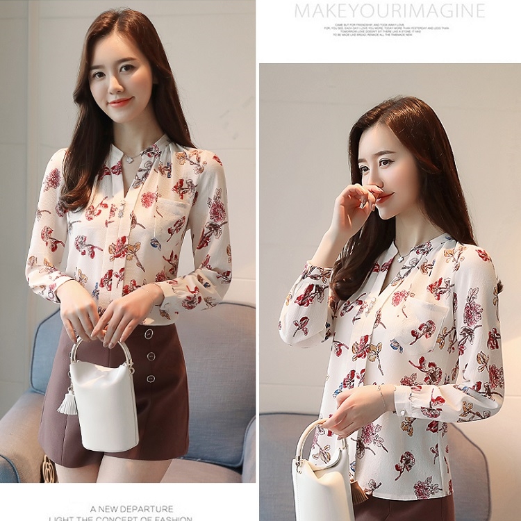 เสื้อเชิ้ตผู้หญิงสีขาวลายดอกไม้ คอวี แขนยาว ผ้าชีฟอง