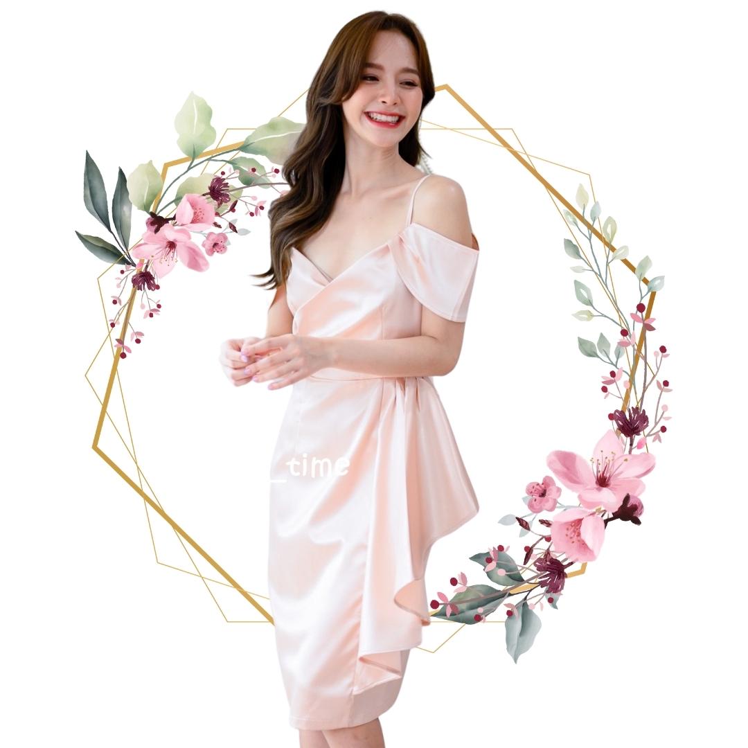 ชุดไปงานแต่งงานสีทองโรสโกลด์ สายเดี่ยว คอวี เว้าไหล่ปิดต้นแขน ทรงเข้ารูป เรียบ หรู ดู แพง ใส่ได้ทั้งงานกลางวัน งานกลางคืน เพื่อนเจ้าสาว งานราตรี