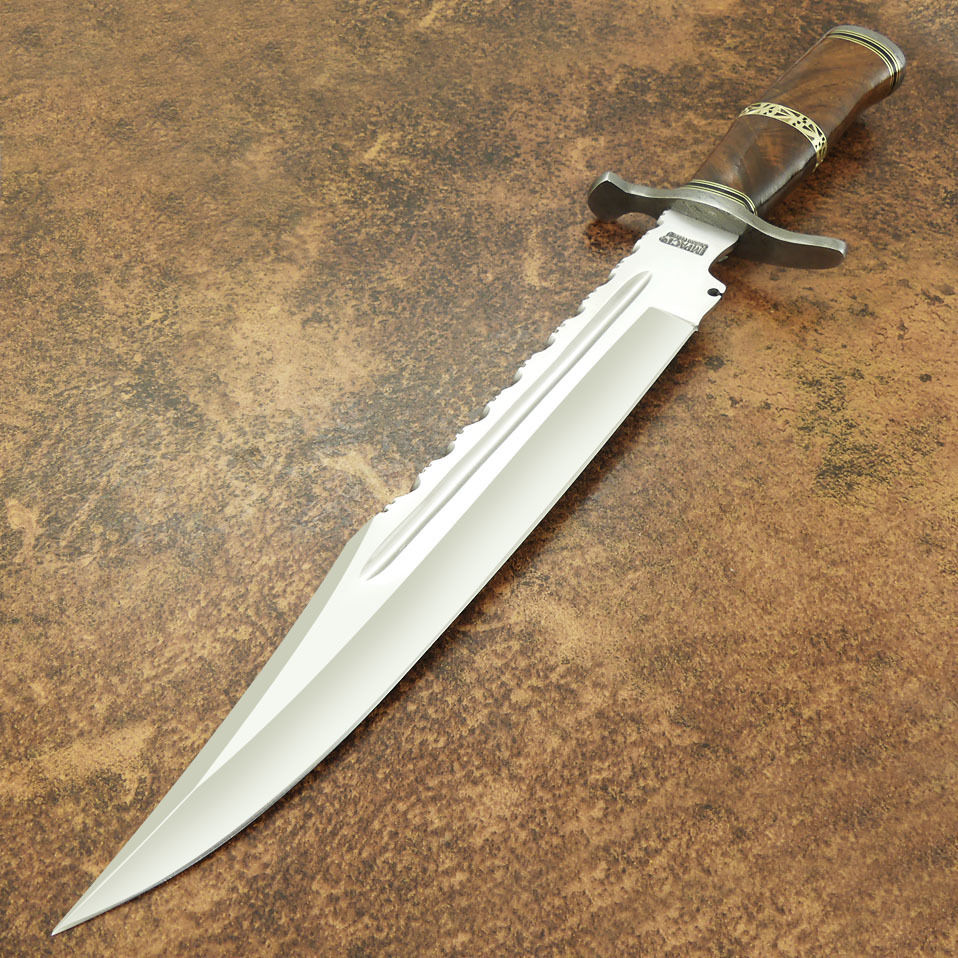 มีดใบตาย UK IMPACT CUTLERY RARE CUSTOM D2 LARGE COMBAT BOWIE KNIFE BURL WOOD DAMASCUS GUARD