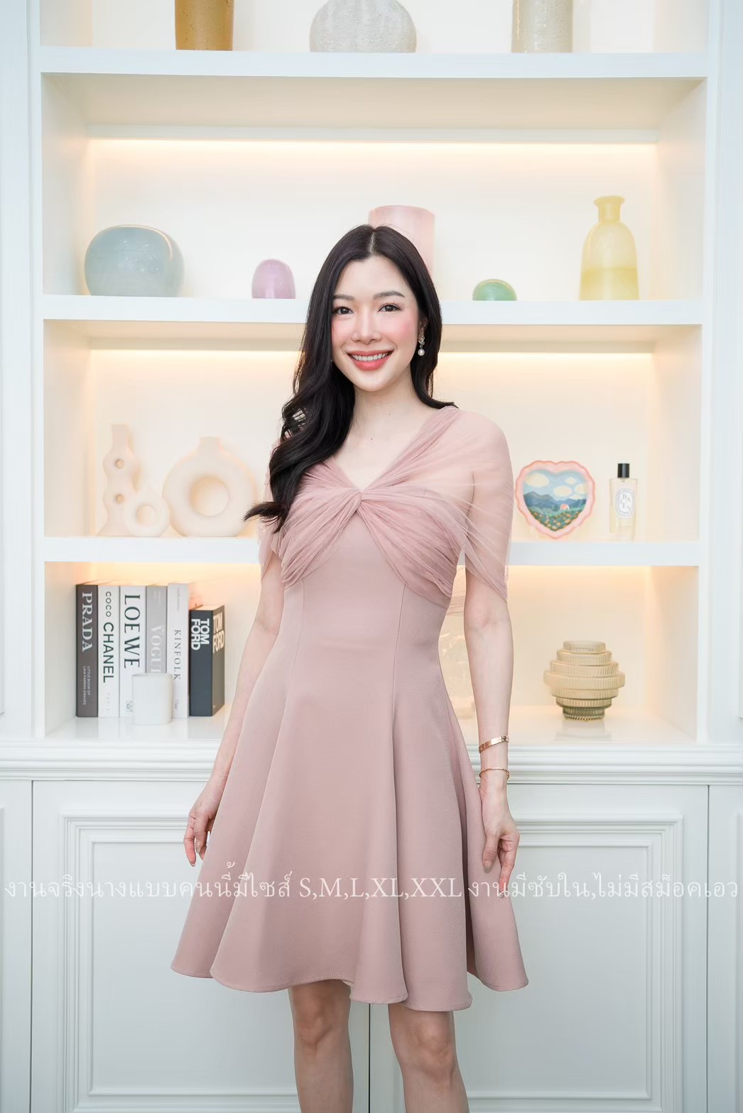 ชุดเดรสสั้นออกงานสีชมพูนู้ด ปาดไหล่แต่งผ้าซีทรู กระโปรงทรงบาน แบบสวย เรียบหรู ดูแพง ใส่ไปงานแต่งกลางวัน/กลางคืน ชุดราตรี ชุดไปงานแต่ง ชุดออกงาน