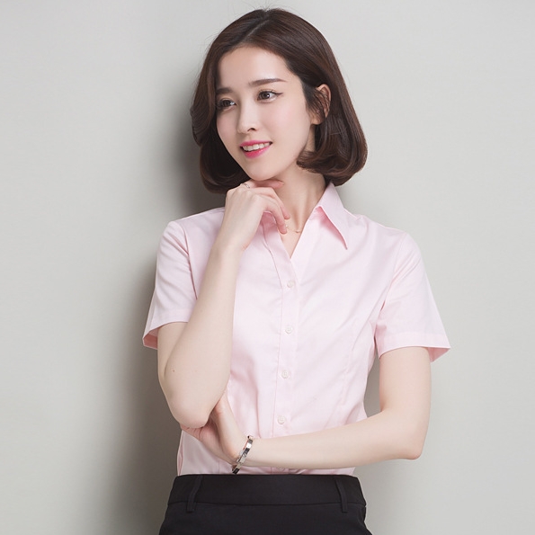 เสื้อเชิ้ตผู้หญิงสีชมพู คอปก แขนสั้น กระดุมหน้า
