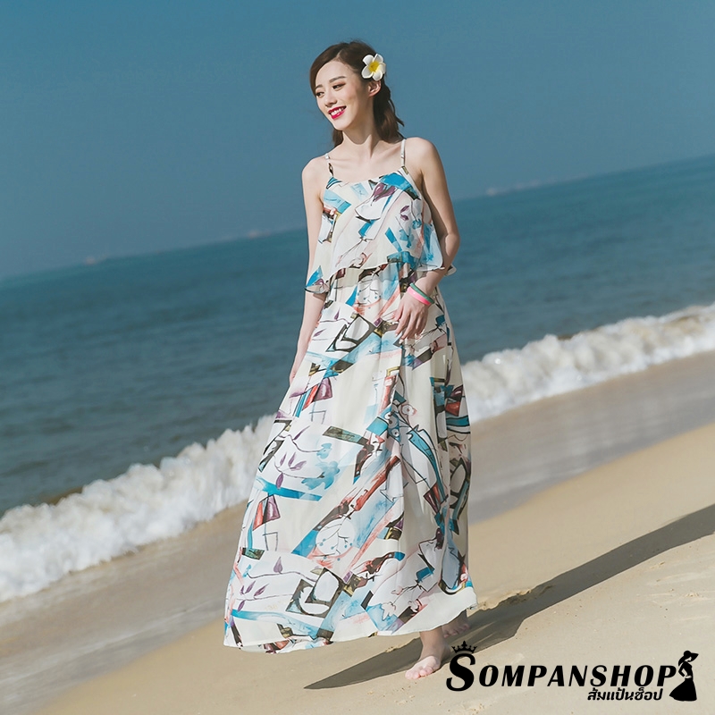 ชุดเดรสเที่ยวทะเลลสีฟ้า ายกราฟฟิคสวยเก๋ สายเดี่ยว อกแต่งระบาย กระโปรงยาวทรงบาน