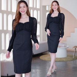 ชุดเดรสสั้นสีดำเรียบร้อย สวยดูดี ดูสุภาพ ทรงเข้ารูปแขนยาว แนว