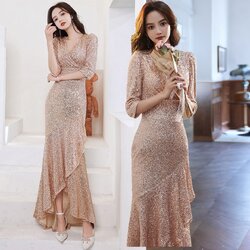 ชุดราตรียาวสีทอง เดรสปักเลื่อมแขนสามส่วนกระโปรงทรงหางปลาหน้าสั้นหลังยาว เรียบหรูดูแพง สวยดูดี แบบสวยทันสมัย ใส่ออกงาน งานราตรี ไปงานแต่ง