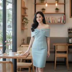 ชุดเดรสสีเขียวมิ้นเ ปิดไหล่ เข้ารูป ใส่ออกงานต่างๆ ไปงานแต่งงาน งานราตรี