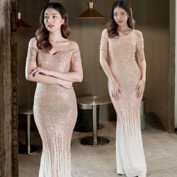 ชุดราตรียาวสีทอง เดรสยาวปักเลื่อมทรงเปิดไหล่เข้ารูปกระโปรงหางปลานิดๆ สไตล์เรียบหรูดูแพง เหมาะสำหรับใส่เป็นชุดราตรีออกงานกลางคืน ชุดไปงานแต่งงานกลางคืน ชุดไปงานกาล่าดินเนอร์