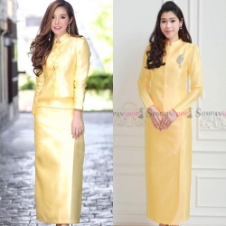 แนะนำชุดสีเหลืองใส่ทำพิธีใส่โอกาสสำคัญต่างๆ ชุดไทยออกงานสีเหลือง ชุดไทยจิตรดาสีเหลือง ชุดไทยประยุกต์สีเหลือง ชุดผ้าไหมสีเหลือง