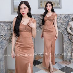 ชุดราตรี ชุดออกงาน ชุดไปงานแต่งสีน้ำตาลคาราเมล เดรสยาวออกงาน ไกล่แต่งผ้าซีทรู กระโปรงผ่าหน้า แนวเรียบหรู สวยดูดี ใส่ได้ทั้งงานกลางวัน/งานกลางคืน