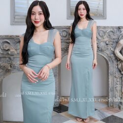 ชุดราตรี ชุดออกงาน ชุดไปงานแต่งสีเขียวพาสเทล เดรสยาวออกงาน ไกล่แต่งผ้าซีทรู กระโปรงผ่าหน้า แนวเรียบหรู สวยดูดี ใส่ได้ทั้งงานกลางวัน/งานกลางคืน