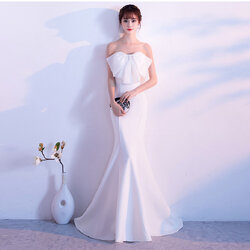 ชุดราตรียาวสีขาว เกาะอกแต่งโบว์ แนวเรียบหรู สวยดูแพง ใส่ออกงานราตรี งานแต่งงานกลางคืน