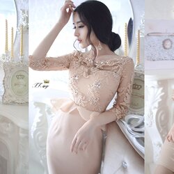 ชุดเดรสออกงาน ชุดไปงานแต่งงานสวยหรู สีครีมเบจ คอปาดประดับคริสตัล แขนยาวลูกไม้ซีทรู