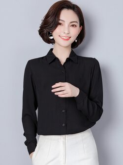 เสื้อเชิ้ตสีดำผู้หญิง แขนยาว ทรงสวย สไตล์เนี้ยบๆ ใส่ทำงาน ใส่เที่ยว แมทซ์กับกางเกง/กระโปรงได้
