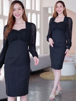 ชุดเดรสสั้นสีดำเรียบร้อย สวยดูดี ดูสุภาพ ทรงเข้ารูปแขนยาว แนว
