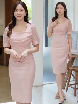 ชุดเดรสออกงานสีชมพูโอรส ทรงเข้ารูป แขนสั้น แนวเรียบหรู สวยสง่า ใส่ออกงาน ไปงานแต่ง ใส่ทำงานได้