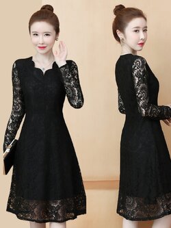 ชุดเดรสลูกไม้สีดำเรียบร้อย ดูดี สวยสุภาพ แขนยาว กระโปรงทรงบานคลุมเข่า