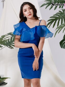 ชุดไปงานแต่งงานสีน้ำเงิน เดรสสั้นแต่งระบายผ้าไหมแก้ว แบบน่ารัก สวยๆ เรียบหรูดูแพง ชุดราตรี ชุดไปงานแต่งงาน ชุดออกงาน