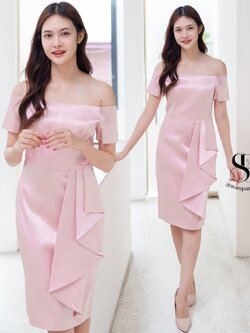 ชุดราตรี ชุดออกงาน ชุดไปงานแต่งสีโอรส เดรสสั้นทรงปาดไหล่ปิดต้นแขน เอวจีบระบาย กระโปรงทรงเอ เรียบหรู สวยดูดี ใส่ออกงาน ไปงานแต่งงาน งานราตรี