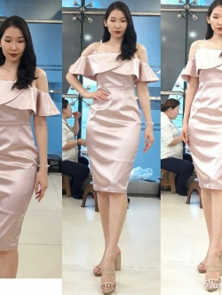 ชุดออกงานราตรีสั้นสีทองโรสโกลด์ สายเดี่ยว เว้าไหล่ ทรงเข้ารูป S M L XL