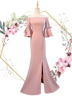 ชุดราตรี ชุดออกงาน ชุดไปงานแต่งงานสีชมพู เดรสยาวทรงเปิดไหล่แขนสามส่วน แนวเรียบหรู สวยหรูดูแพง