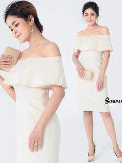 ชุดราตรี ชุดออกงาน ชุดไปงานแต่งงานสีครีมเบจ เปิดไหล่ ทรงตรง แนวเรียบหรู สวยสง่า ดูแพง