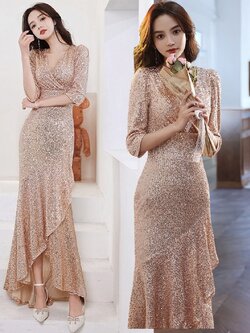 ชุดราตรียาวสีทอง เดรสปักเลื่อมแขนสามส่วนกระโปรงทรงหางปลาหน้าสั้นหลังยาว เรียบหรูดูแพง สวยดูดี แบบสวยทันสมัย ใส่ออกงาน งานราตรี ไปงานแต่ง