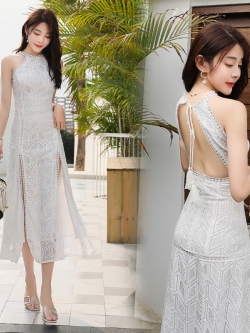 พร้อมส่ง !! ชุดเที่ยวทะเล แม็กซี่เดรสลูกไม้สีขาว ผูกคอ กระโปรงผ่าหน้า สวยเซ็กซี่ ใส่เดินเล่นริมทะเล ใส่ถ่ายรูปสวยๆ