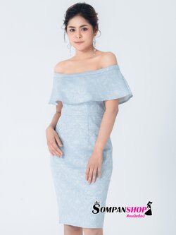 ชุดราตรี ชุดออกงาน ชุดไปงานแต่งงานสีฟ้า เปิดไหล่ ทรงตรง แนวเรียบหรู สวยสง่า ดูแพง