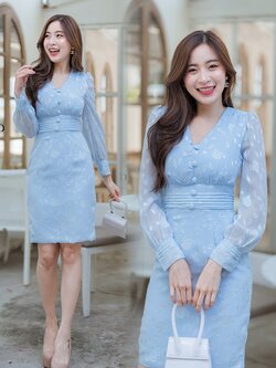 ชุดเดรสสั้นสีฟ้า เรียบร้อย สวยสุภาพ ดูเรียบหรู
